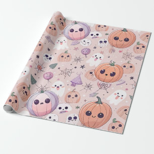 Cute Halloween Pumpkins & Ghosts on Pink Seamless Wrapping Paper