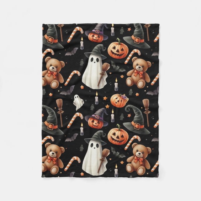 Cute Halloween pumpkins, ghosts, teddy bears  Fleece Blanket (Front)