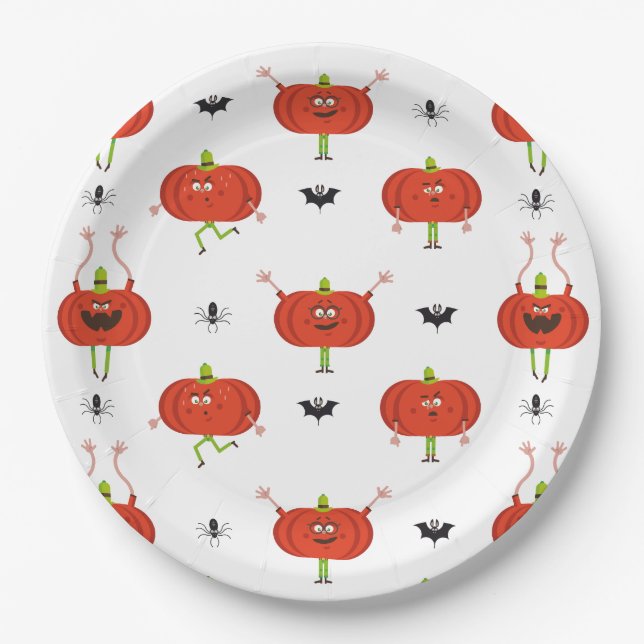 Cute halloween pumpkins, spider & bat pattern paper plate (Front)