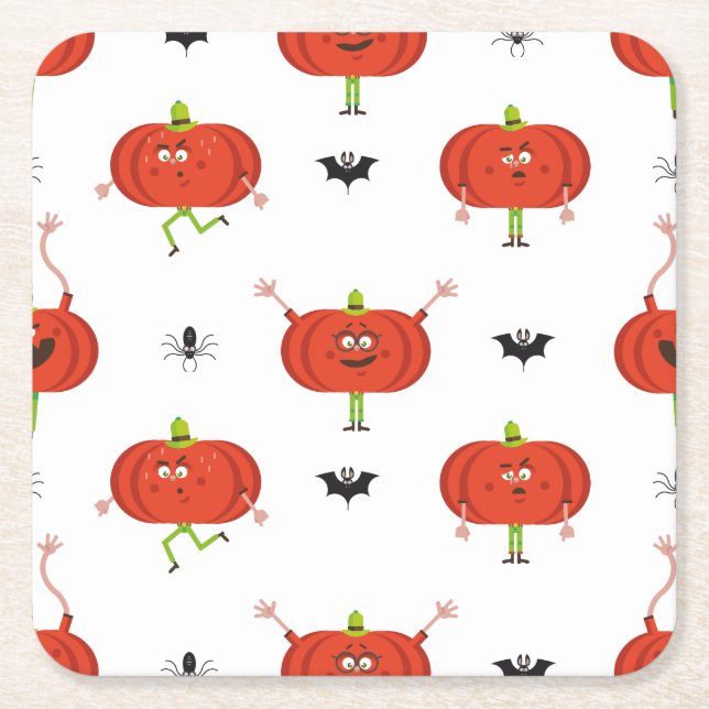 Cute halloween pumpkins, spider & bat pattern square paper coaster (Front)