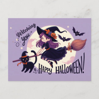 Cute Halloween Pun with Witch and Cat Postcard