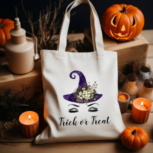 Cute Halloween Purple Witch Hat Trick or Treat Tote Bag
