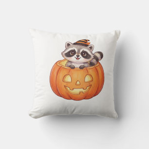 Cute Halloween Racoon in Jack-o'-Lantern Pumpkin Cushion
