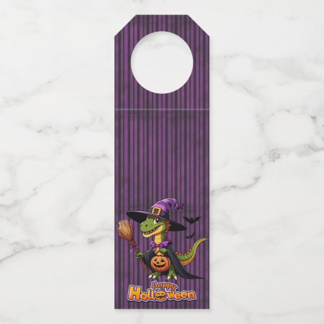 Cute Halloween Raptor/Dinosaur Witch Bottle Tag (Front)
