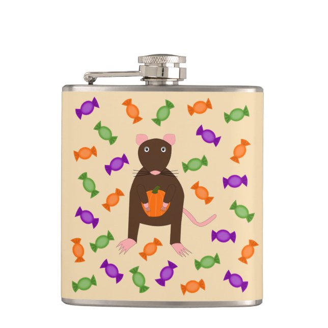 Cute Halloween Rat and Pumpkin Hip Flask (Front)