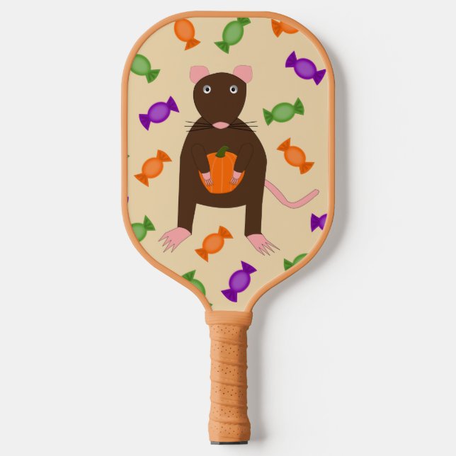 Cute Halloween Rat and Pumpkin Pickleball Paddle (Front)