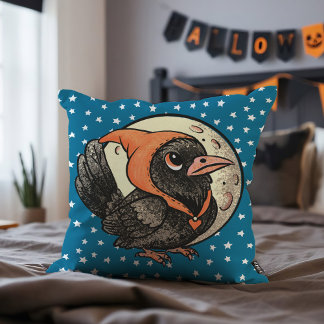 Cute Halloween Raven In Orange Costume Moon Stars Cushion