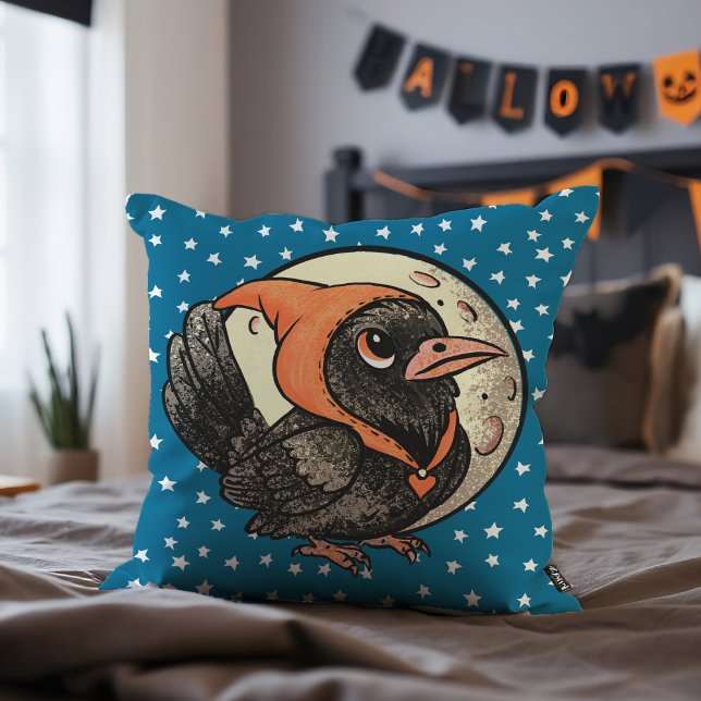 Cute Halloween Raven In Orange Costume Moon Stars Cushion (Charming chibi raven in a cozy costume, perfect pillow for spooky season decor or cuddly accents.)