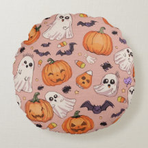  Cute Halloween Round Pillow – Pumpkins & Ghosts 