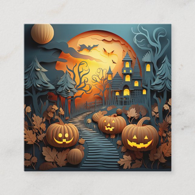 Cute Halloween Scene 3D Effect Design Square Business Card (Front)