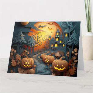 Cute Halloween Scene 3D Effect Design Thank You Card