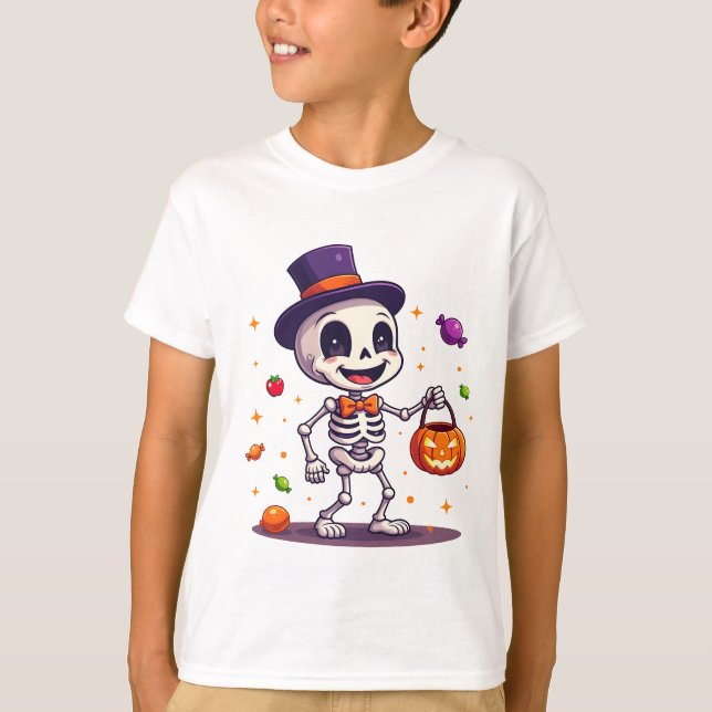 Cute halloween skeleton candy t-shirt design (Front)