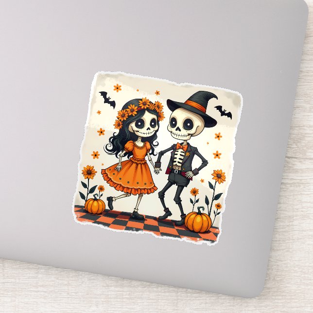 Cute Halloween Skeleton Couple in Orange (Detail)