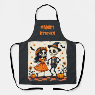 Cute Halloween Skeleton Couple in Orange Apron