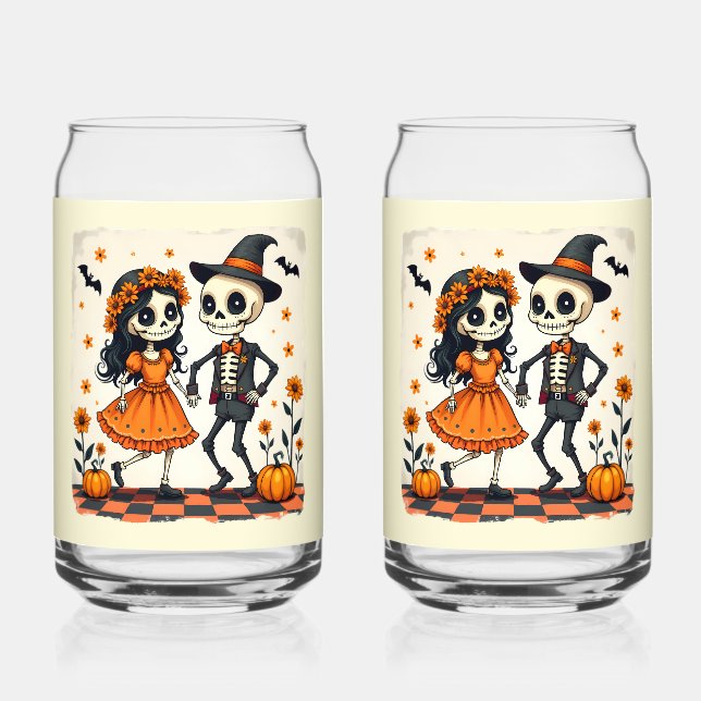 Cute Halloween Skeleton Couple in Orange Can Glass (Front)