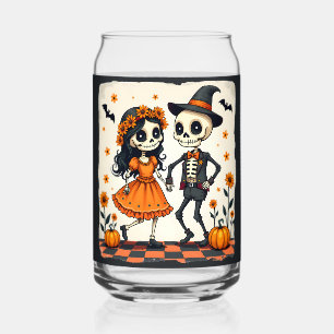 Cute Halloween Skeleton Couple in Orange Can Glass