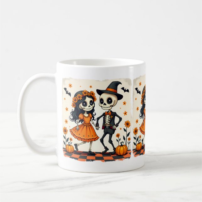 Cute Halloween Skeleton Couple in Orange Coffee Mug (Left)