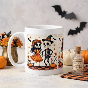 Cute Halloween Skeleton Couple in Orange Coffee Mug