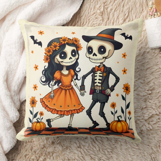 Cute Halloween Skeleton Couple in Orange Cushion (Blanket)