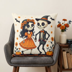 Cute Halloween Skeleton Couple in Orange Cushion
