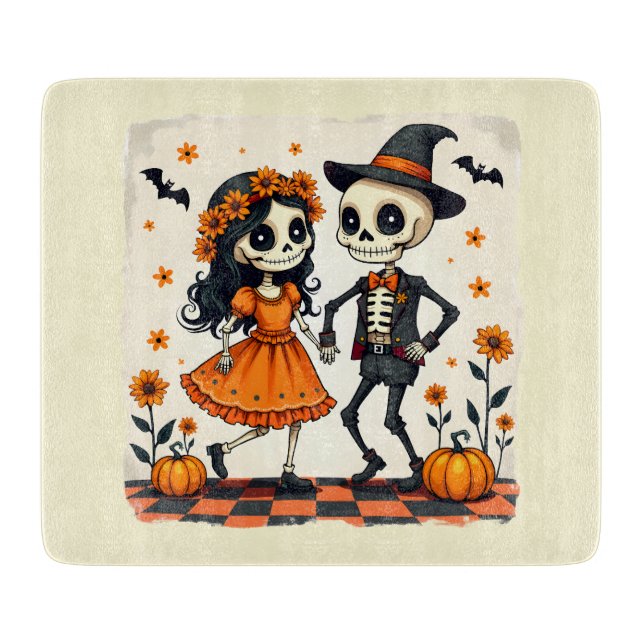 Cute Halloween Skeleton Couple in Orange Cutting Board (Front)