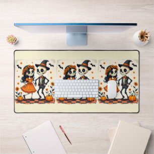 Cute Halloween Skeleton Couple in Orange Desk Mat