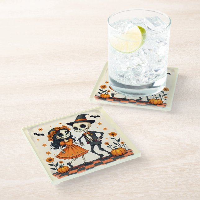 Cute Halloween Skeleton Couple in Orange Glass Coaster (Angled)