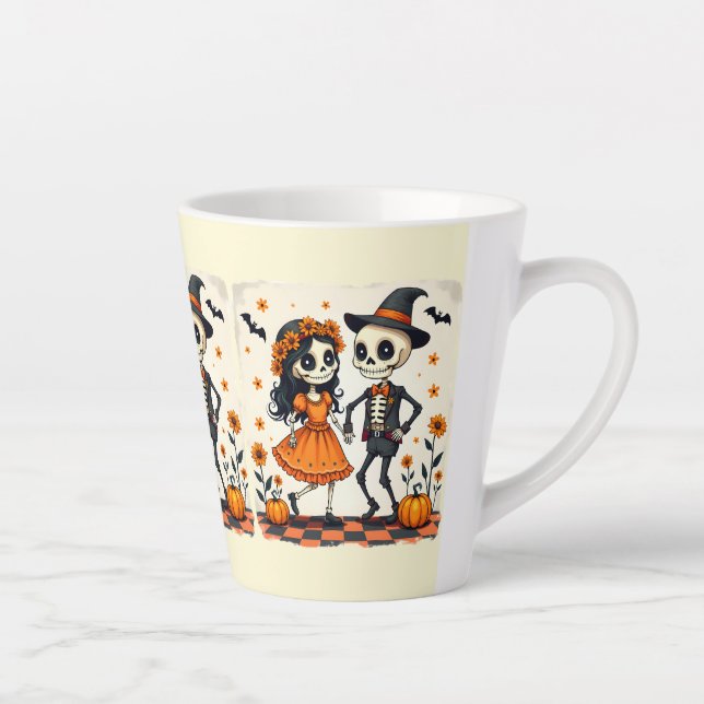 Cute Halloween Skeleton Couple in Orange Latte Mug (Right)