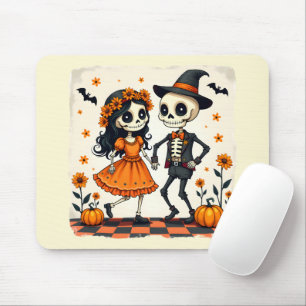 Cute Halloween Skeleton Couple in Orange Mouse Mat