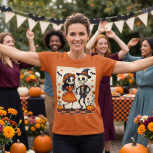 Cute Halloween Skeleton Couple in Orange T-Shirt