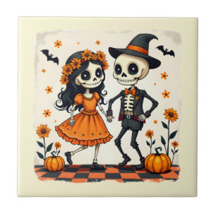 Cute Halloween Skeleton Couple in Orange Tile