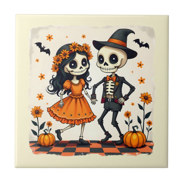 Cute Halloween Skeleton Couple in Orange Tile (Front)