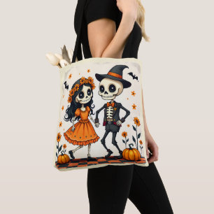 Cute Halloween Skeleton Couple in Orange Tote Bag