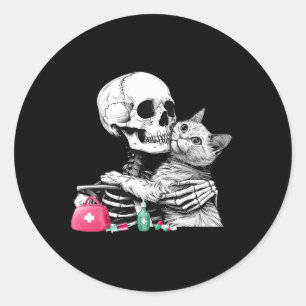 Cute Halloween Skeleton Hug Cat Vet Tech Veterinar Classic Round Sticker