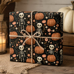 Cute Halloween Skeletons and Pumpkins Pattern Wrapping Paper Sheet
