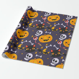 Cute Halloween Skulls, Cats & Pumpkin Smiles Gift Wrapping Paper