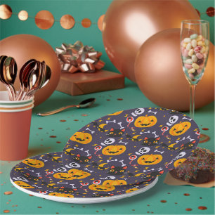 Cute Halloween Skulls, Cats & Pumpkin Smiles Party Paper Plate