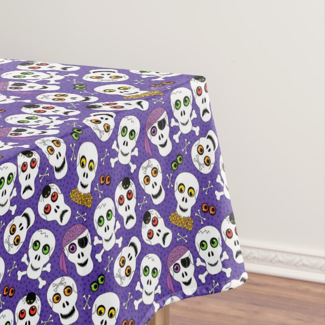 Cute Halloween Skulls on Purple Tablecloth (In Situ)