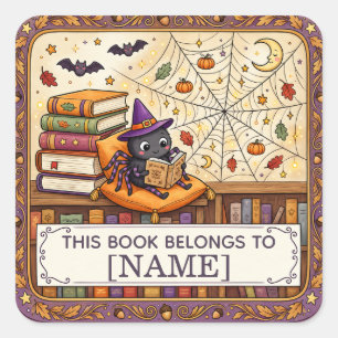 Cute Halloween Spider Bookplate Personalised Kids Square Sticker