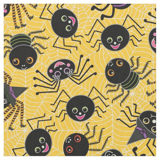 Cute Halloween Spiders Yellow Orange Fabric (Close Up)