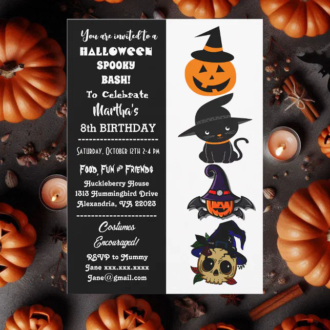 Cute Halloween Spooky Bash Jack Black Cat Birthday Invitation | Zazzle