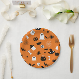 Cute Halloween Spooky Ghosts Orange Seamless Patte Paper Plate