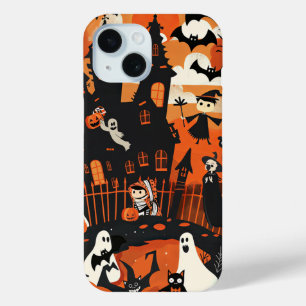 Cute Halloween Spooky Haunted House Ghosts Bats iPhone 15 Case