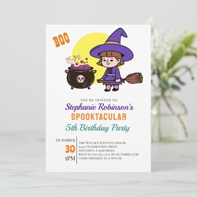 Cute Halloween Spooky Witch Kids Birthday Party Invitation (Standing Front)