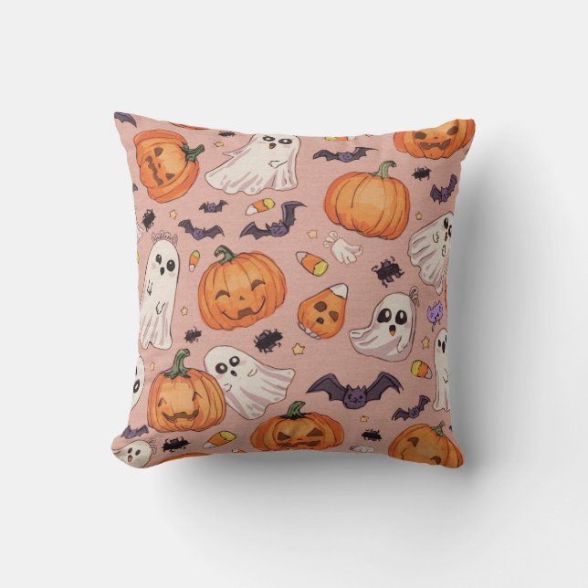 Cute Halloween Square Pillow – Pumpkins & Ghosts (Front)