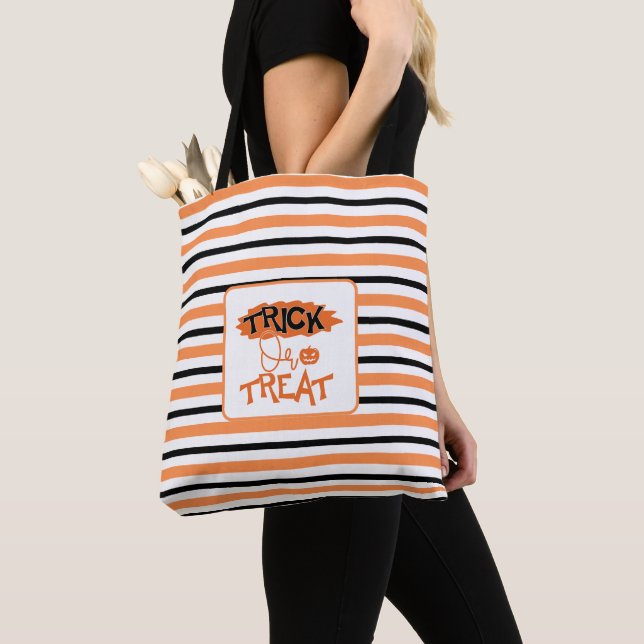 Cute Halloween Stripe Pattern Candy Trick or Treat Tote Bag (Close Up)