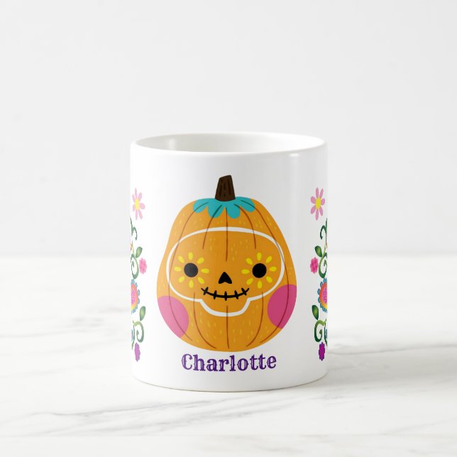 Cute Halloween Sugar Skull Pumpkin Coffee Mug (Center)