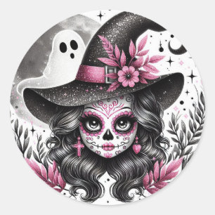 Cute Halloween Sugar Skull Witch Classic Round Sticker