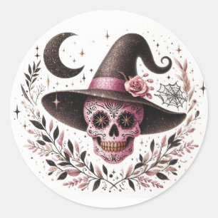 Cute Halloween Sugar Skull Witch Classic Round Sticker