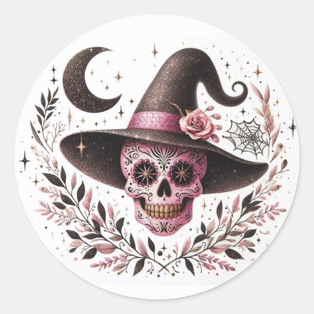 Cute Halloween Sugar Skull Witch Classic Round Sticker (Front)